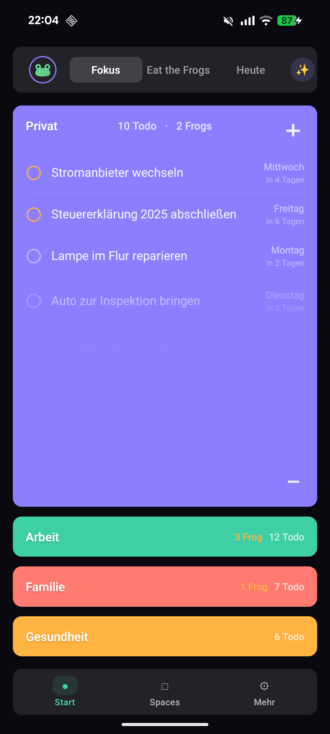 FrogDay – Fokus-Ansicht mit Spaces und Aufgaben