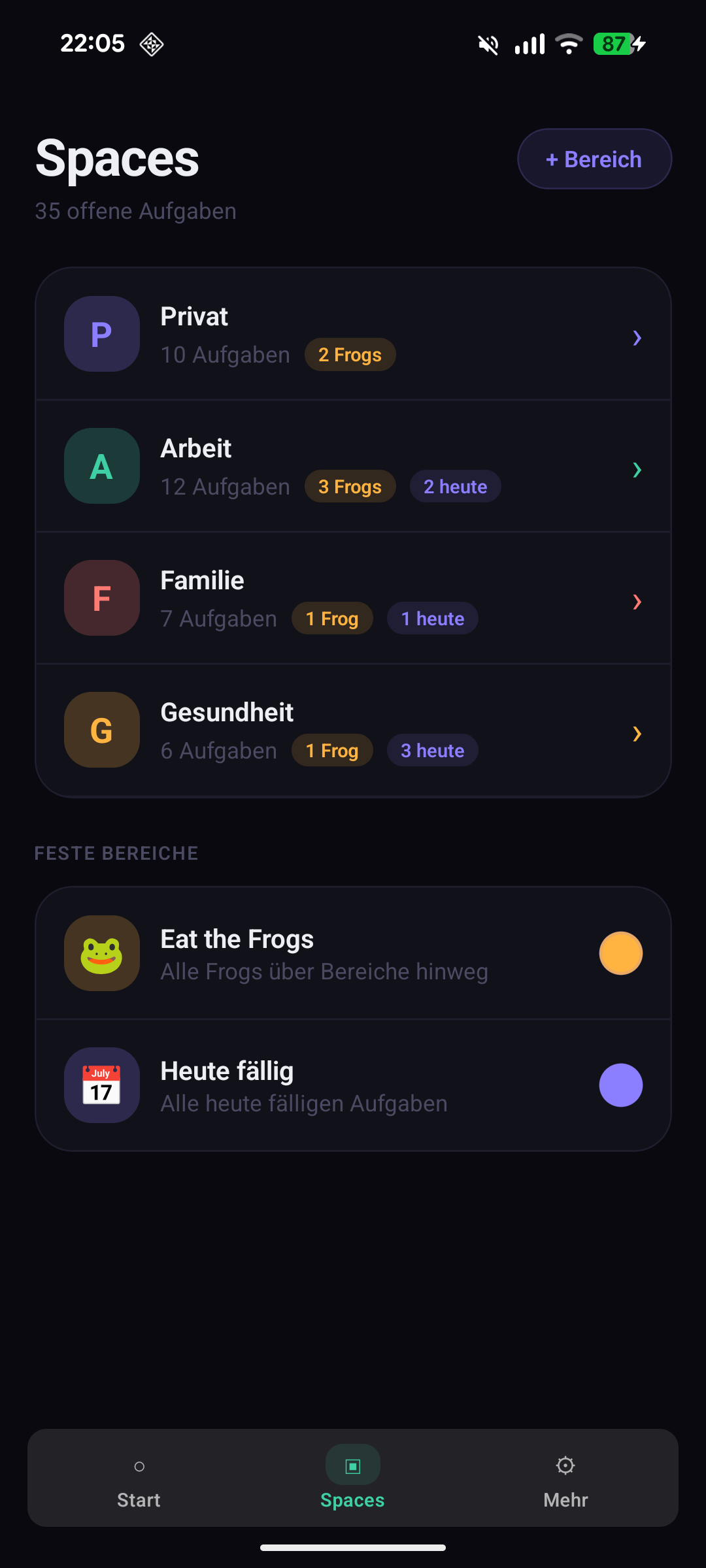 Spaces-Liste mit farbigen Bereichs-Icons